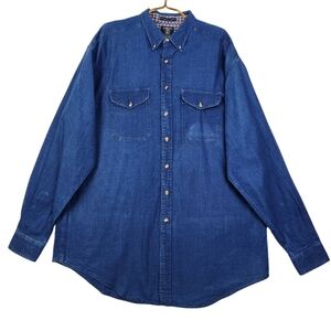 VTG Salmon River Traders Mens XLT All Cotton Blue Denim Style Button Up Shirt